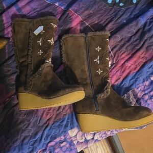 Roxy Brown Wedge Boots with Floral Embellishments